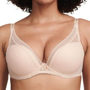 NWOT Chantelle 30 DDD festive lace plunge underwire bra nude blush